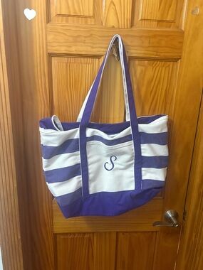 Striped Purple & White Canvas Tote Bag spacious  with Monogram with Letter S